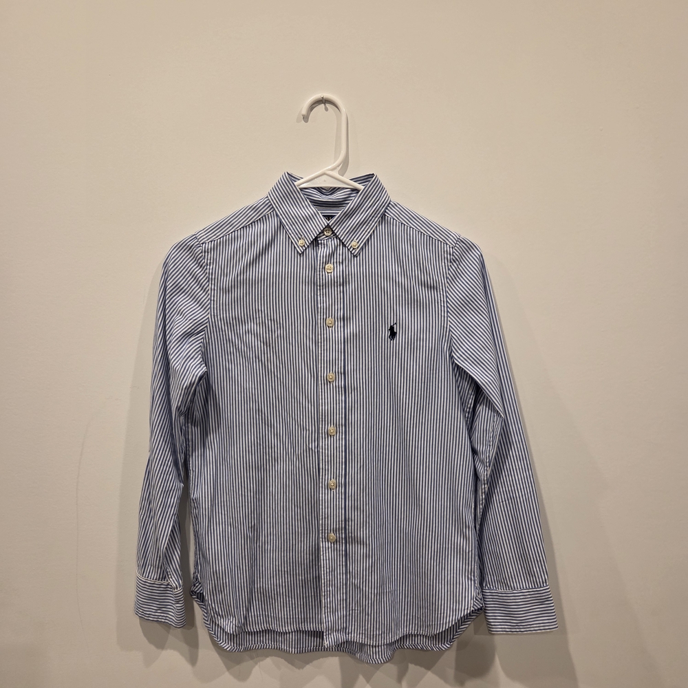 Ralph Lauren Men's White and Blue Striped Button Down Shirt